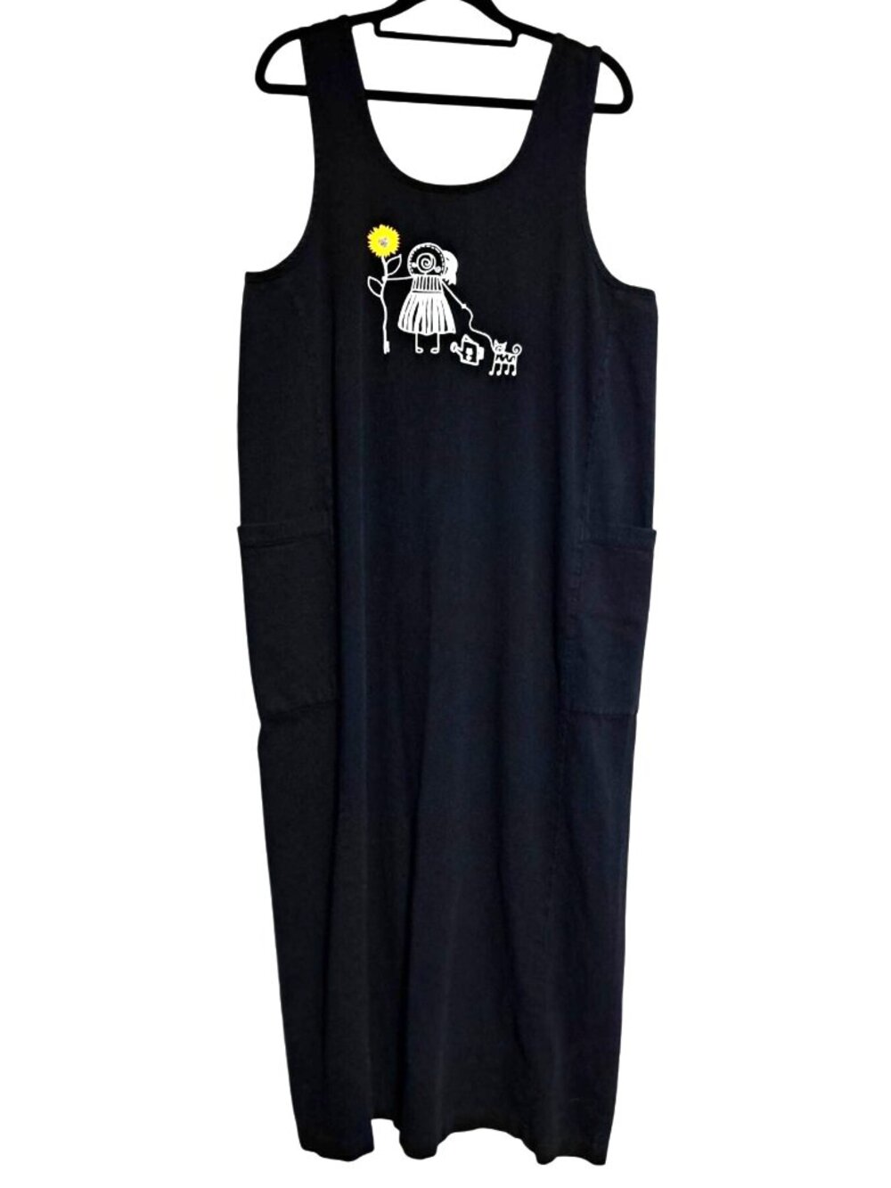 Vintage Jumper Dress Size M POG Black Cotton Midi Length Womens Printed Sleevele